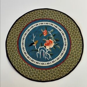 Vintage Chinese Silk Placemat with Floral Bird Embroidered Center - Brocade